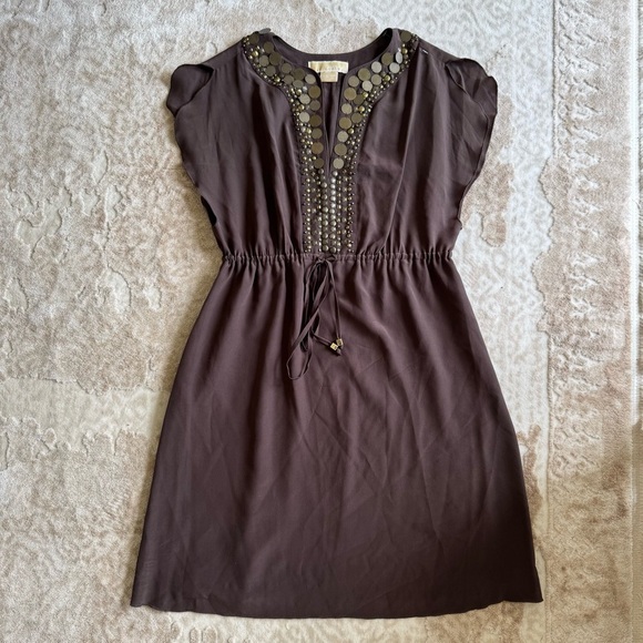 MICHAEL Michael Kors Silk Dress sleeveless Brown Dress Embellished Neckline XS - Picture 1 of 15